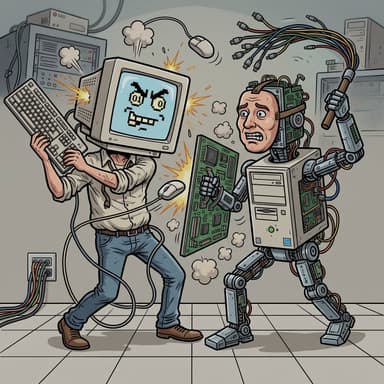 Cartoon: a person wearing a computer mask battling a computer wearing a human mask — a nod to the wolf in sheep's clothing.